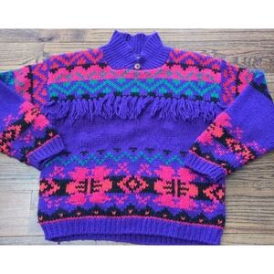 Vtg Ivy Hand Knit Purple Pink Green Sweater Fringe Funky Fairisle 80s 90s Sz L